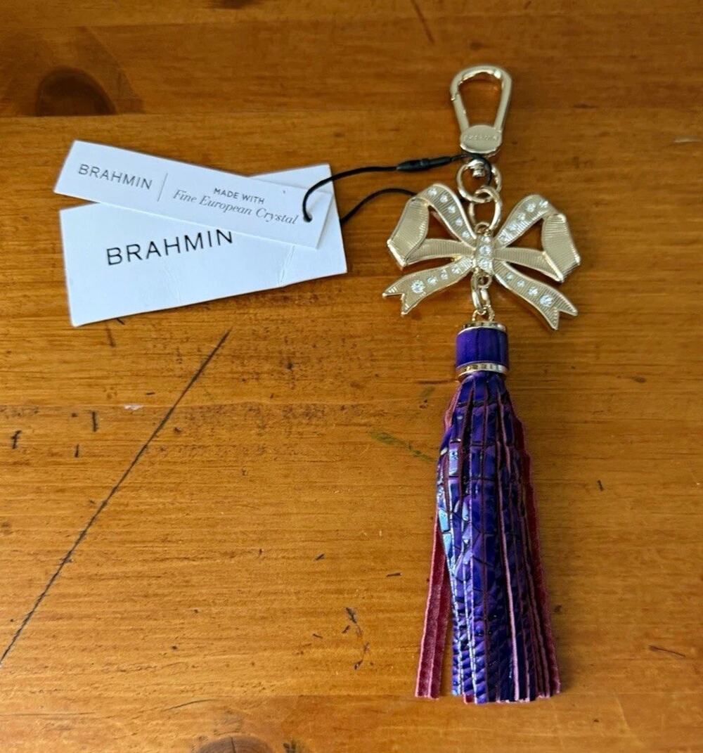 Brahmin Leather Tassel Bow Bag Charm Fine European Crystal NWT Royal Purple
